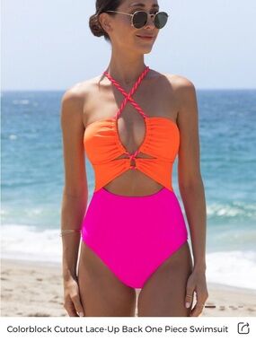 Popvil Cutout Lace-Up One-Piece Swimsuit in Orange and Hot Pink. Size M